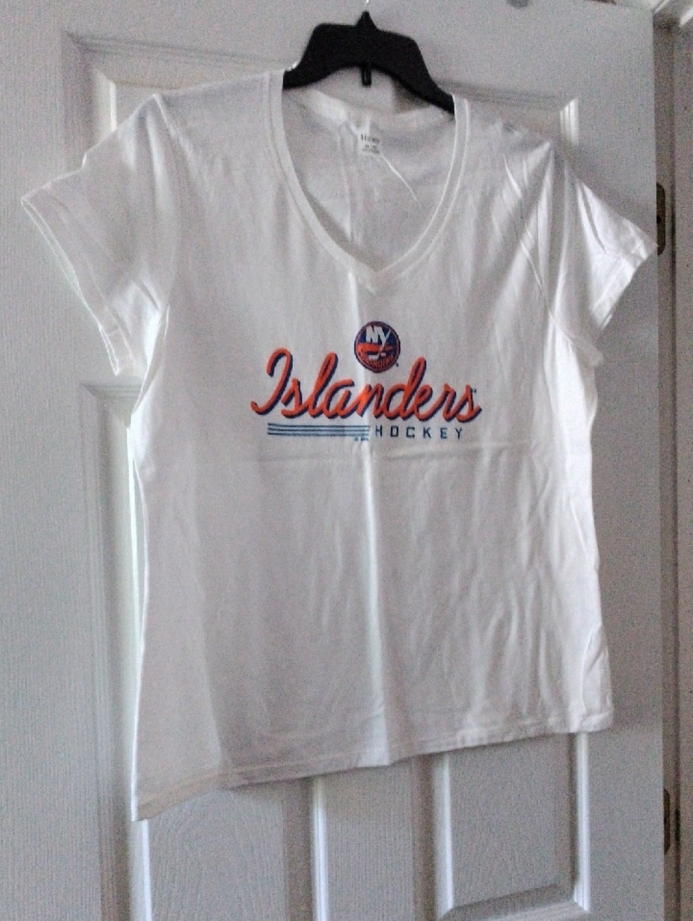 Hanes White Islanders Hockey Tee with Orange & Blue Logo